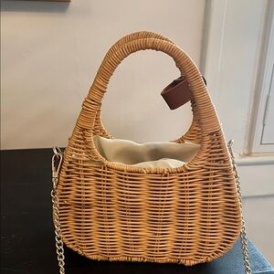 Chic Tan Woven Handbag with Chain Strap